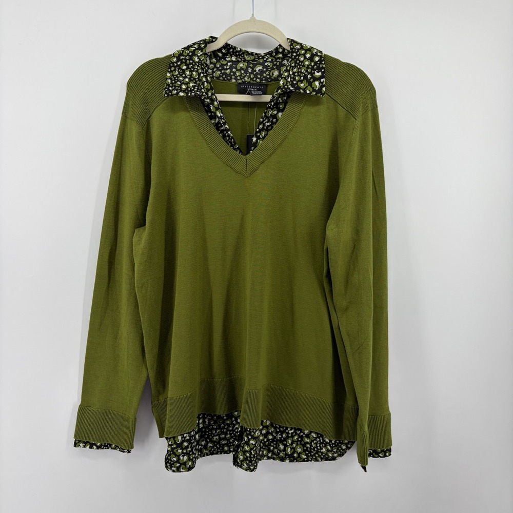 Investments Womens 1X Green Sweater 2-in-1 Layered Leopard Print Collar V-Neck‎